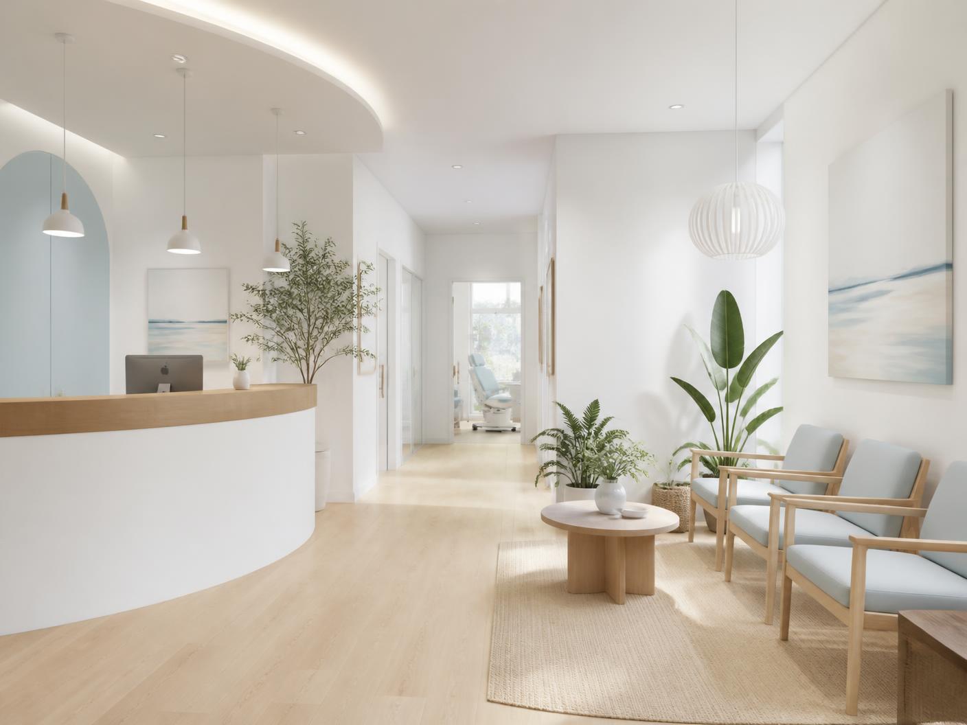 Reception and waiting area of a modern dental clinic with pale blue and light oak finishes
