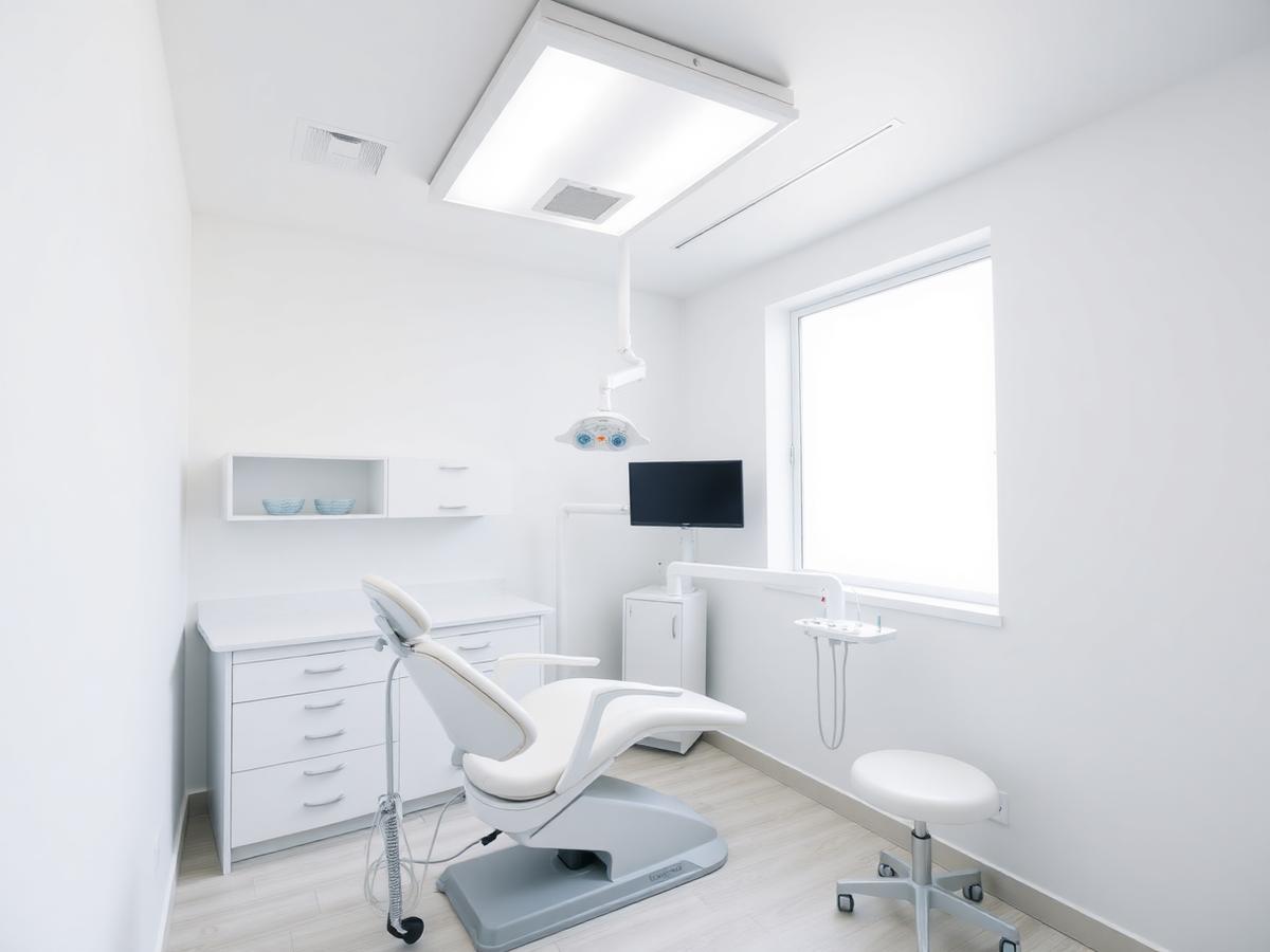 Dental treatment room with chair and overhead light